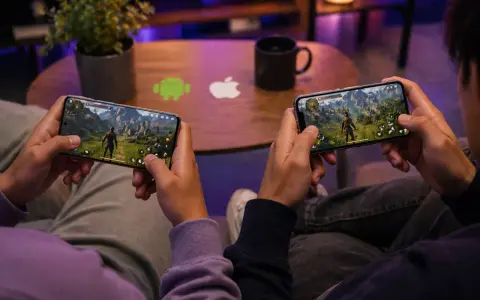 Dos personas juegan en sus teléfonos, inmersas en uno de los mejores RPG. El logo de Android y Apple en la mesa sugieren que la aventura está disponible para todos.
