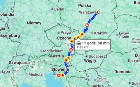 Trasa z Polski do Chorwacji przez Czechy, Austrię i Słowenię. Podróż trwa 11 godzin 58 minut i obejmuje 1188 km.