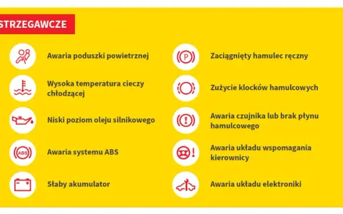 Ikony ostrzegawcze w Oplu Corsa D: awaria poduszki, wysoka temp. chłodziwa, niski poziom oleju, ABS, słaby akumulator, hamulec ręczny, zużycie klocków, awaria płynu hamulcowego, wspomaganie kierownicy, elektronika.