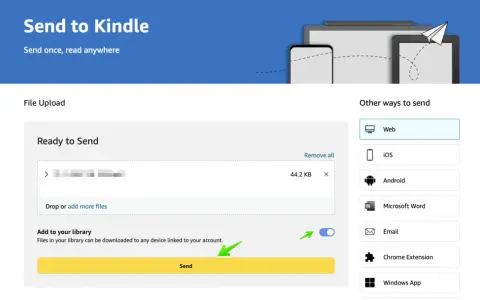 Przesyłanie plików na Kindle. Wybierz "Web" lub inne opcje, by wysłać dokumenty.