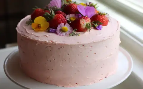 Enkel babyshower tårta med rosa frosting, toppad med färska jordgubbar och vilda blommor. Perfekt för att fira en nyfödd.