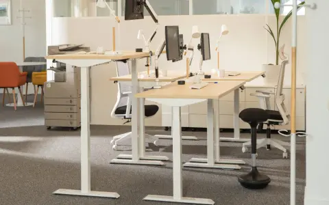 Postes de travail réglables en hauteur, favorisant l'ergonomie de bureau. Des écrans, lampes et chaises de bureau modernes sont disposés sur des bureaux en bois clair.