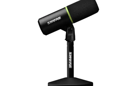 Svart Shure mikrofon med stativ, redo att fånga dina ljud. Perfekt för poddar eller musik.
