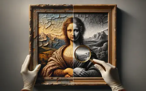 Mona Lisa divisée, moitié en couleur, moitié en noir et blanc, sous une loupe. La craquelure de la peinture révèle une technique de peinture ancienne.