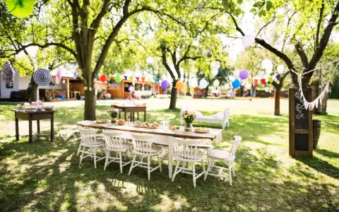 Une table dressée pour un repas en plein air, avec des guirlandes et des ballons, évoque une ambiance de deco jardin boheme chic.