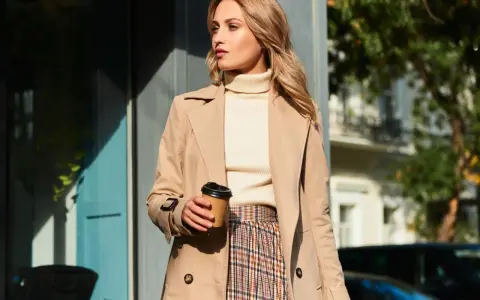 Elegancka kobieta w beżowym płaszczu, kremowym golfie i spódnicy w kratę, z kubkiem kawy w dłoni. Inspiracja na stylizacje do beżowego płaszcza.