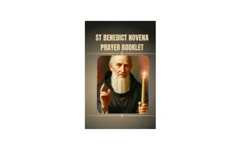 Cover of a "St Benedict Novena Prayer Booklet" featuring a portrait of St. Benedict holding a candle and raising his hand in blessing.