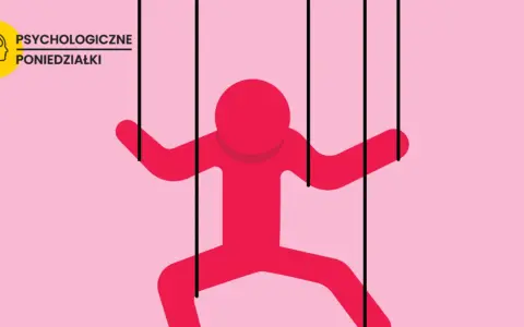 Czerwona postać jak marionetka, sterowana sznurkami, symbolizuje, jak manipulować ludźmi. Logo "Psychologiczne Poniedziałki".