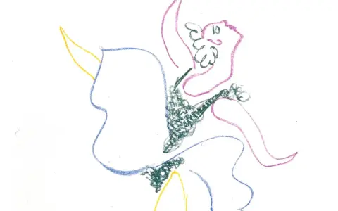 Dessin abstrait aux couleurs vives. Une ligne bleue esquisse une forme, tandis que des formations vertes et roses créent un mouvement dynamique.