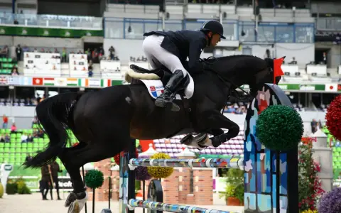 Un cheval noir CSO saute un obstacle coloré, monté par un cavalier en tenue d'équitation.