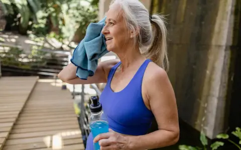 Femme d'âge mûr s'essuyant le visage avec une serviette bleue, tenant une bouteille d'eau. Elle fait du sport malgré la canicule.
