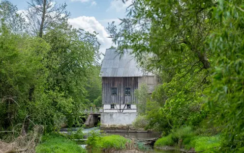 Stary młyn nad rzeką w Bolimowskim Parku Krajobrazowym, otoczony bujną zielenią.