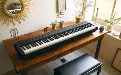 Un clavier piano noir est posé sur un bureau en bois, prêt à faire vibrer la pièce. Des plantes et une tasse à café apportent une touche de vie.
