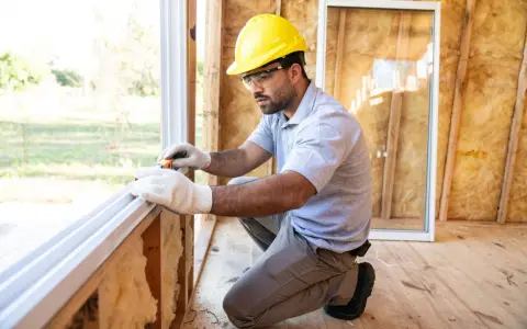 Un ouvrier en casque jaune travaille sur le remplacement de fenêtres dans une maison en construction, mesurant le cadre.