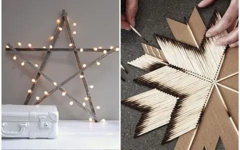 Étoile de Noël en bois et guirlande lumineuse, et une autre étoile en allumettes brûlées. Idées de deco de noel a faire soi meme pour adulte.