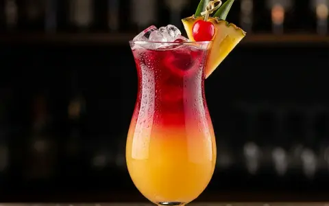 En kyld Bahama Mama drink med lager av orange och rött, garnerad med ananas och körsbär.