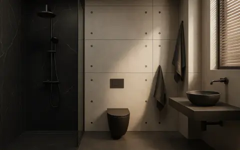 Nowoczesna łazienka z prysznicem i czarną ścianą w tle. Betonowe panele, czarna toaleta i umywalka tworzą minimalistyczny design.