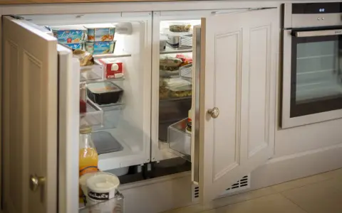Un frigorifero integrato, quasi invisibile, con ante in legno che si fondono con l'arredamento, perfetto per nascondere il frigorifero in soggiorno.