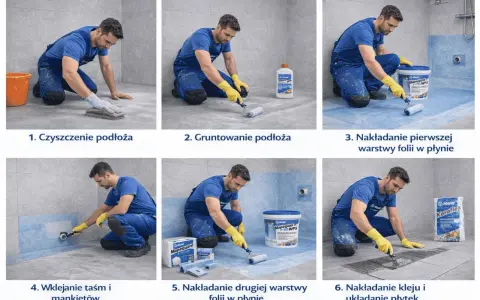 Instrukcja krok po kroku: czyszczenie, gruntowanie, nakładanie folii w płynie, wklejanie taśm i mankietów, a na końcu klejenie i układanie płytek. Kluczowa jest hydroizolacja łazienki.