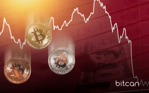 Trzy monety bitcoin spadają na tle wykresu cen i banknotu dolarowego. Granie na spadki bitcoina może być ryzykowne.