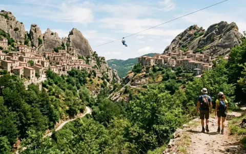 Castelmezzano, cosa vedere: un borgo aggrappato alle rocce, con un volo in zipline per ammirare il panorama. Due escursionisti sul sentiero.