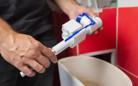 Ręce trzymają mechanizm spłuczki, przygotowując go do odkamieniania.