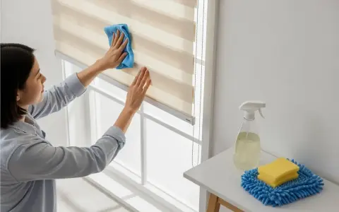 Mujer limpiando estores enrollables con un paño azul. A su lado, un spray y una esponja.