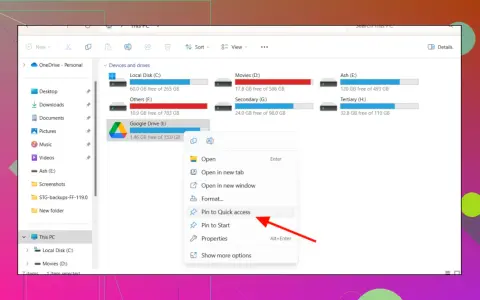 Google Drive (I:) im Explorer einbinden: Rechtsklick auf Google Drive, dann "An Schnellzugriff anheften" wählen.
