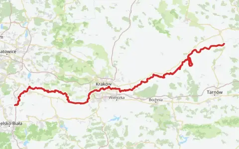 Mapa z zaznaczoną trasą Velo Raba, biegnącą od okolic Bielska-Białej przez Kraków, Bochnię aż po Tarnów.