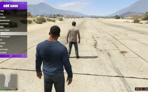 Menu "add task" w grze GTA V z opcją "Fight Ped" i dwoma postaciami na tle pustynnego krajobrazu.