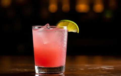 En rosa tequila drink med is och en limeklyfta på en mörk bakgrund.