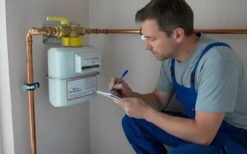 Handwerker notiert sich die **Gasanschluss Kosten** bei der Installation eines Gaszählers.