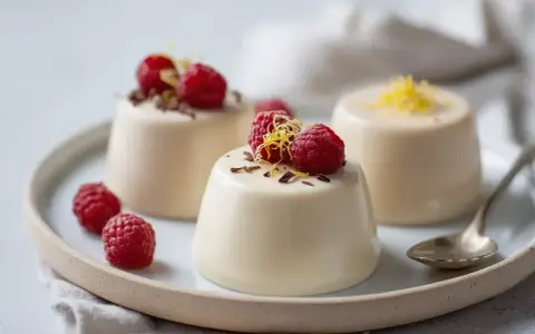 Tre krämiga pannacotta smaker med hallon och citronskal. En delikat dessert som lockar.