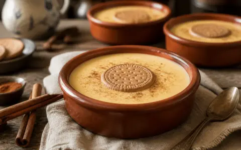 Deliciosas natillas caseras en cuencos de barro, espolvoreadas con canela y coronadas con galleta. Un placer para la vista y el paladar.