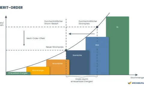 Merit-Order-Diagramm zeigt den Energiemarkt Deutschland: Erneuerbare Energien, Atomkraft, Kohle, Gas und Öl im Preis-Mengen-Verhältnis.