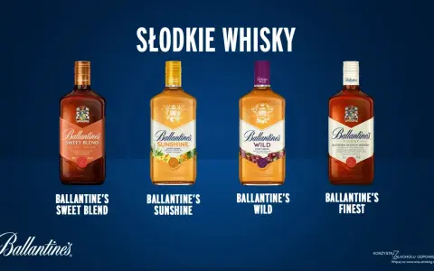 Cztery butelki whisky Ballantine's: Sweet Blend, Sunshine, Wild i Finest. Ballantine's 12 years to klasyka.
