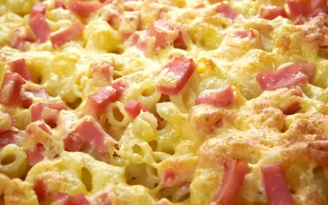 Leckerer Schinken Sahne Auflauf ohne Vorkochen, mit goldbraun überbackenem Käse und saftigen Schinkenwürfeln.