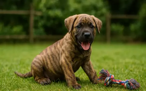 Un chiot Fila de São Miguel tigré, assis sur l'herbe avec une corde à jouer colorée.
