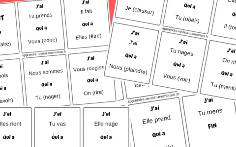 Cartes à jouer pour apprendre la conjugaison française. Elles présentent des pronoms et des verbes, comme "J'ai" ou "Tu vas", pour pratiquer la conjugaison.