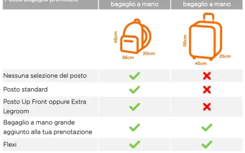 Table showing easyJet's hand luggage rules, with icons for a backpack and suitcase, and checkmarks/crosses indicating allowances.