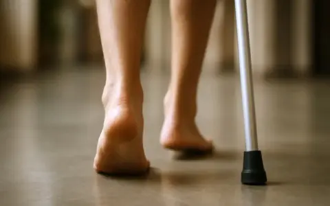 Powolne kroki po złamaniu pięty, wspierane laską. Długotrwała rehabilitacja przynosi efekty.