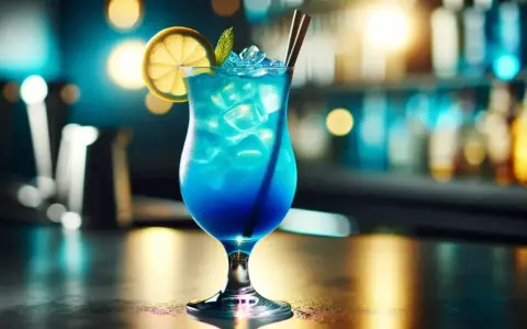Orzeźwiający blue lagoon drink z lodem, plasterkiem cytryny i miętą, podany w eleganckim kieliszku na tle rozmytego baru.