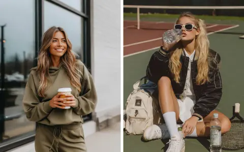 Mujer con look sport chic: una con sudadera verde y café, otra en cancha de tenis con chaqueta y agua.