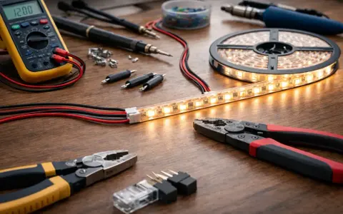 Narzędzia do elektryki i taśma LED na drewnianym blacie. Multimetr, lutownica, szczypce i złączki sugerują, jak podłączyć taśmę led do włącznika światła.