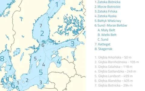 Mapa Bałtyku z zaznaczonymi obszarami i głębiami. Wiele rzek wpływa do Bałtyku, tworząc jego unikalny charakter.