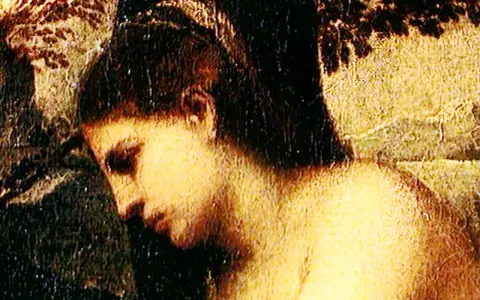 Détail du Concert champêtre titien : profil d'une femme aux cheveux sombres, baignée de lumière, dans une scène pastorale.