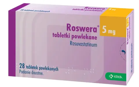 Opakowanie leku Roswera 5 mg, zawierające 28 tabletek powlekanych. Przed zastosowaniem należy zapoznać się z ulotką dotyczącą roswera skutki uboczne.