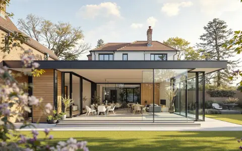 Ein modernes Haus mit Glasfronten und Holzakzenten, das auf eine gepflegte Rasenfläche blickt. Innen sind Ess- und Wohnbereiche zu sehen.