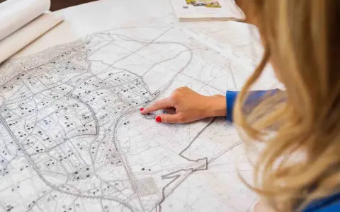 Kobieta z rudymi paznokciami wskazuje palcem na mapę. Plan miasta, z zaznaczonymi ulicami i budynkami, sugeruje analizę terenu pod kątem jego **użytku ba**.