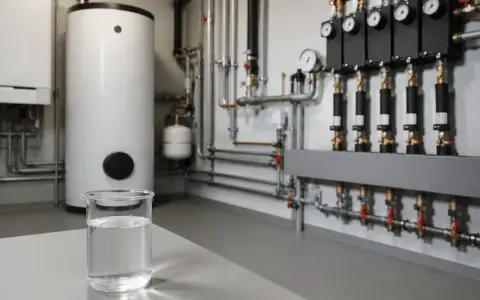 Un bécher d'eau claire devant un chauffe-eau et un système de tuyauterie complexe. Est-ce une eau dure ?